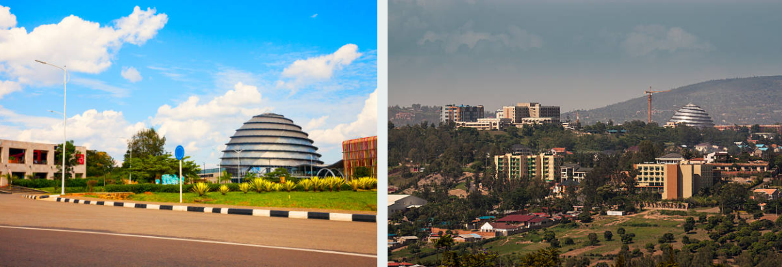 Tourists exploring Kigali Genocide Memorial and colorful Kimironko Market.